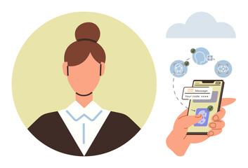 Woman profile with a smartphone displaying a verification code, surrounded by cloud and communication icons. Ideal for security, technology, online interaction, authentication, cloud service, data