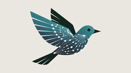 Fototapeta premium Stylized teal bird in flight with geometric wings and speckled pattern on a light background