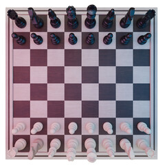 Top View of Chessboard with Full Set of Pieces