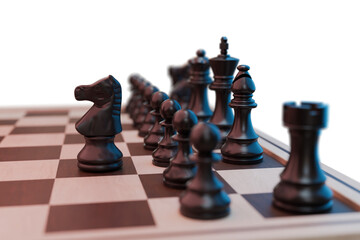 Close-Up of Black Chess Pieces on Board with transparent Background
