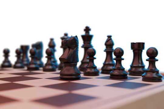 Close-Up of Black Chess Pieces on Board with transparent Background
