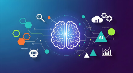 Conceptual illustration of artificial intelligence and machine learning with a glowing circuit brain surrounded by technology icons on a gradient background.