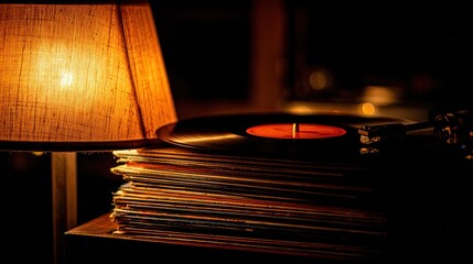Vintage record player and lamp in dark room