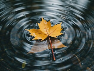 Yellow maple leaf floating on water rippling during autumn