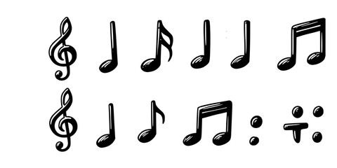 Music notes hand drawn doodle vector illustration set. Freehand sketch melody symbol elements.
