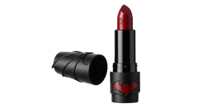 Gothic red lipstick with bat shape design, Halloween makeup png isolated on transparent background