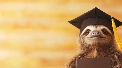 A smiling sloth wearing a graduation cap and gown holds a diploma, celebrating academic achievement