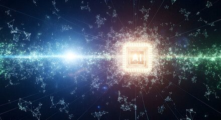 Futuristic artificial intelligence processor glowing with a bright light beam amidst a complex network of digital connections.