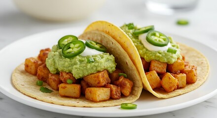 Potato tacos with guacamole and sour cream