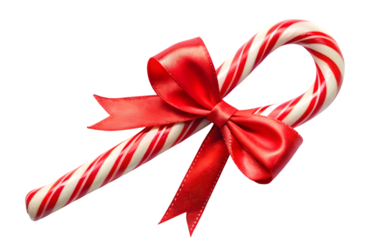 Red and White Striped Candy Cane with Red Ribbon Bow Keywords: candy cane, christmas, red, white isolated on a transparent background - Powered by Adobe
