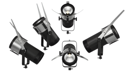 Multiple angles of black stage lights, showcasing stage lighting design for events, concerts, and productions