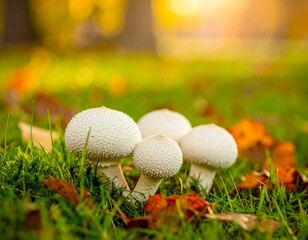 Cluster of puffball fungi on forest floor in fall season