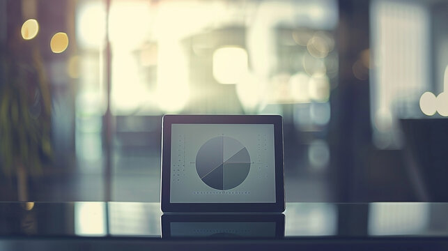 Tablet displaying a pie chart on a reflective surface in a modern office setting showcases data