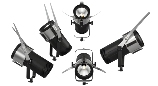 Multiple angles of black stage lights, showcasing stage lighting design for events, concerts, and productions