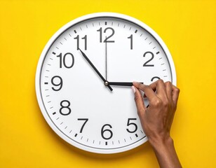 Clock with hand adjusting time on yellow background, daylight saving time concept.