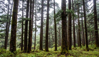 Dense pine forest in a misty morning light