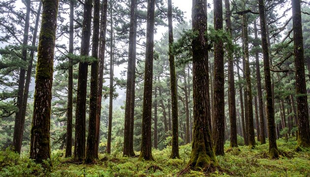 Dense pine forest in a misty morning light
