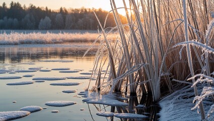 Frozen reeds leaning over lake edge with hoarfrost clinging to stems at sunrise