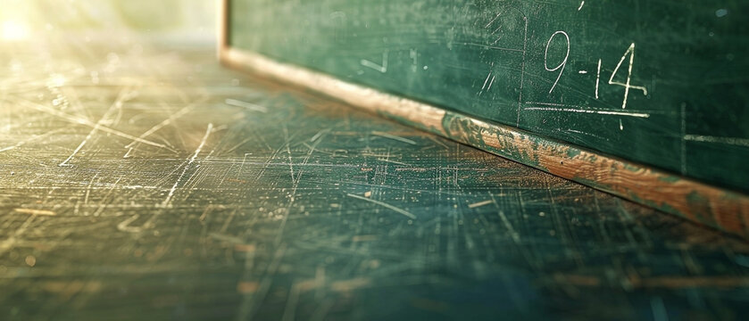 Close-up shot of a vintage classroom chalkboard with scribbled math equations and wooden desk