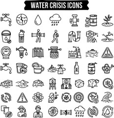 Water Crisis Line Icons: Global Scarcity, Drought, Pollution, and Conservation Vector Set