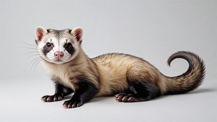 Obraz premium Full-body ferret in lying pose with tail curled, white background