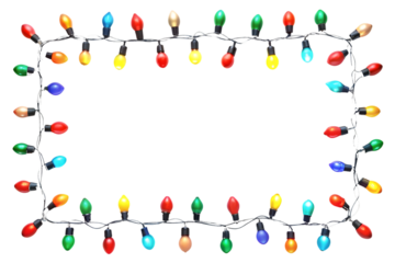 Colorful Christmas Lights Border Frame with Empty Center Keywords: Christmas, lights, string isolated on a transparent background