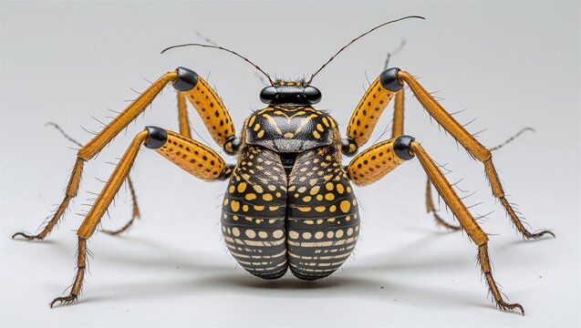 Full-body garden orb weaver with wide legs and patterned abdomen, isolated on white