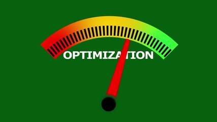 Optimization concept in business with green speedometer showing needle on the end point of bar.