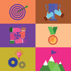 A dynamic set of success icons including charts, clocks, rockets, and dollar signs. Designed for business, finance, and productivity-related projects with a modern, energetic style.