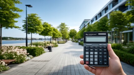 Hand Holding Calculator Over City Park Walkway on Sunny Day with Green Trees and Clear Blue Sky