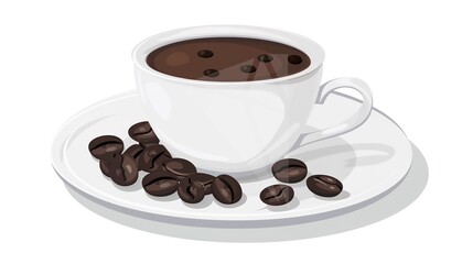 Obraz premium Coffee Cup and Beans on White Background – a cozy and minimalist visual. The coffee cup paired with beans on a plate creates a warm, inviting, and stylish scene.