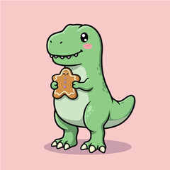 Obraz premium A cute green cartoon T-Rex dinosaur happily holding a gingerbread man cookie against a light pink background.