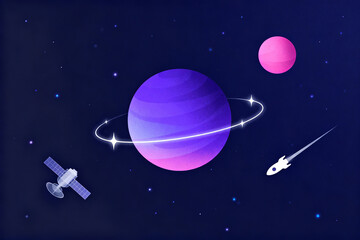 Illustration of a purple planet with rings, a satellite, a rocket, and a pink moon in outer space