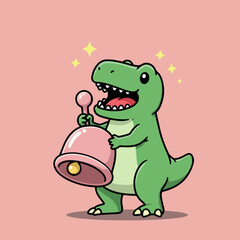 Obraz premium Cheerful cartoon dinosaur with green skin, holding a pink bell, and shining stars.