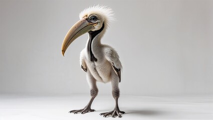 Fototapeta premium Full-body hornbill chick in standing pose with oversized beak and sparse feathers, on white