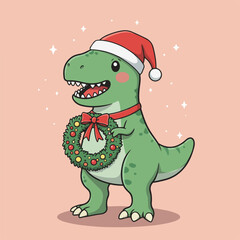 Fototapeta premium A cute green cartoon T-Rex dinosaur wearing a Santa hat smiles while holding a festive Christmas wreath.