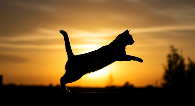 Silhouette cat jumping sunset - Powered by Adobe