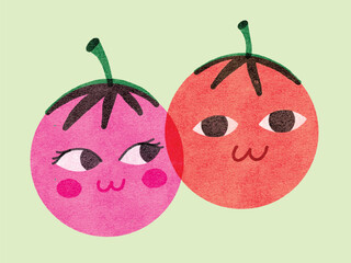 Vibrant Cheeky Tomatoes with Eyes Riso Print Style