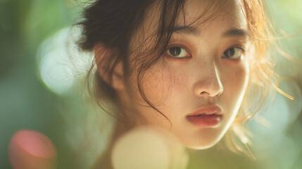 portrait of a beautiful korean woman with natural makeup in an outdoor setting, with soft-focus photography, creating an ethereal and dreamy atmosphere. light indigo and green hues, with a touch of li