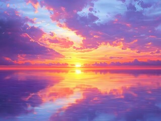 Fototapeta premium Vibrant Sunset Over Calm Ocean Water Reflections