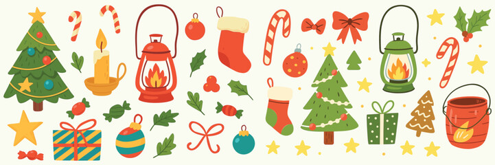 Vintage Christmas Holiday Illustrations – Retro Icons of Trees, Gifts, Candy Canes, Lanterns, and Winter Celebration