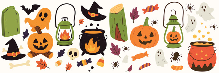 Animals and celebrateSpooky Halloween Illustrations – Retro Holiday Icons of Pumpkins, Ghosts, Skeletons, and Haunted Night