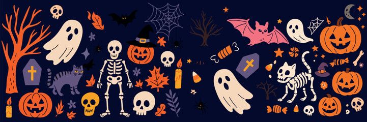 Animals and celebrateSpooky Halloween Illustrations – Retro Holiday Icons of Pumpkins, Ghosts, Skeletons, and Haunted Night