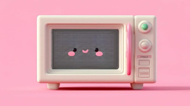 A cartoonish, light beige microwave oven with a happy face and pink accents sits on a pink background