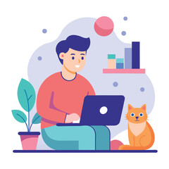 Young man working on a laptop at home with his cat sitting beside him surrounded by plants and a shelf with charts and bottles representing remote work and a comfortable workspace