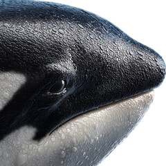 Png of close up of an orcas head isolated on transparent background, showcasing its sleek black and white skin