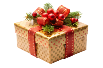Festive Christmas Gift Box Wrapped in Gold Paper with Red Ribbon and Ornaments present isolated on a transparent background