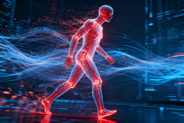 Digital human figure with glowing skeletal and circulatory systems walking in a futuristic environment