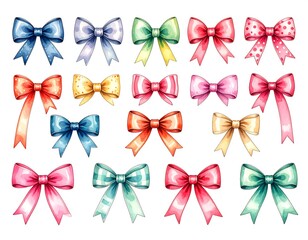 Collection of colorful bows on white.  Various ribbon patterns