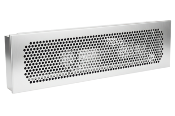 Rectangular metal ventilation grille with a perforated pattern on a transparent background